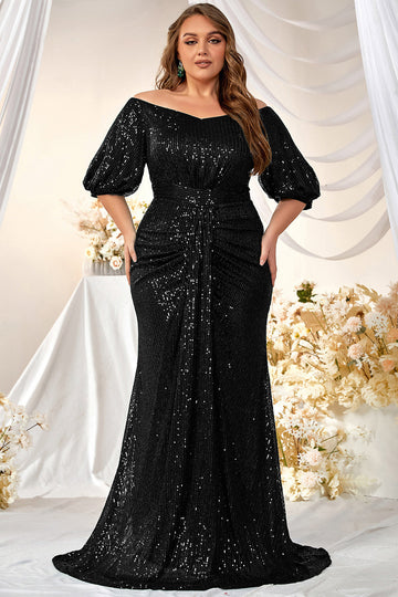 Sparkly Champagne Long Mother of the Bride Dress with Puff Sleeves